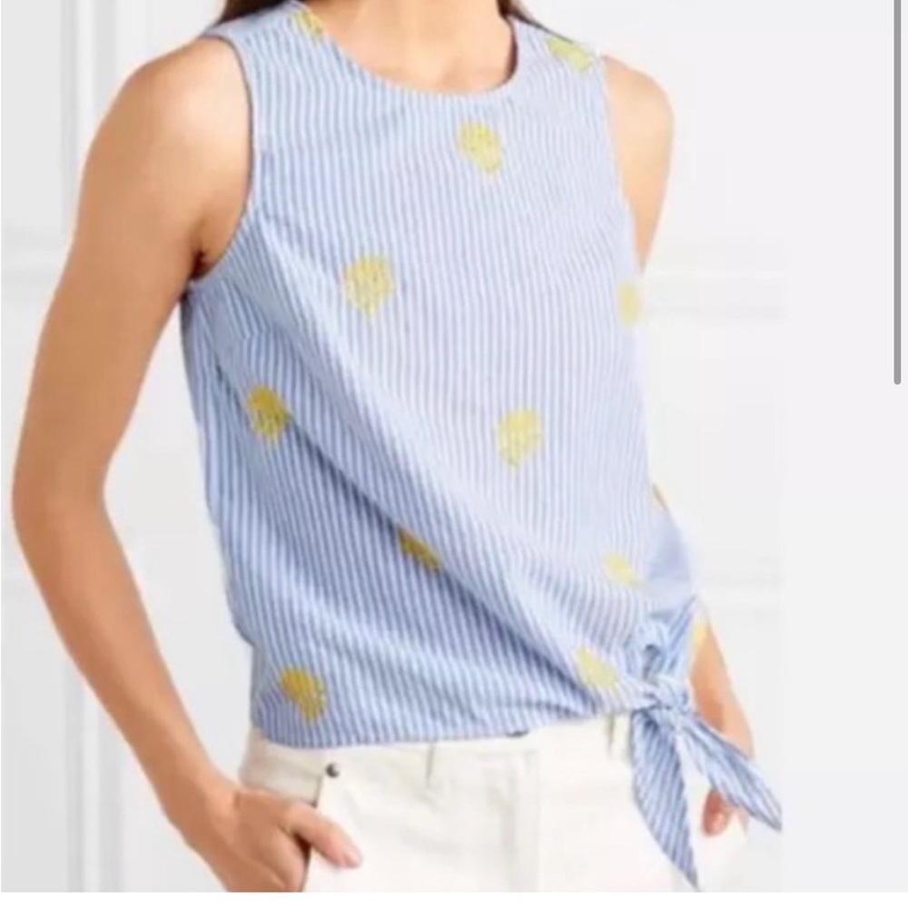 J. Crew blue striped, yellow pineapple embroidered, side tie tank